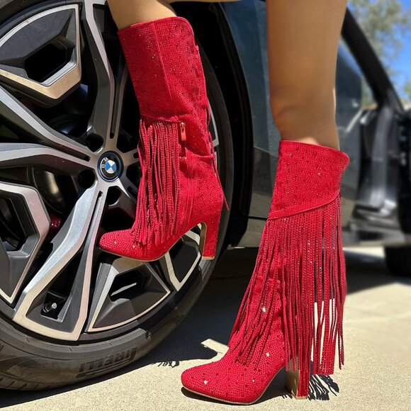 New Red Rhinestone Crystal Fringe Western Cowboy/Cowgirl Boot Knee High Heel Zip - Picture 2 of 7